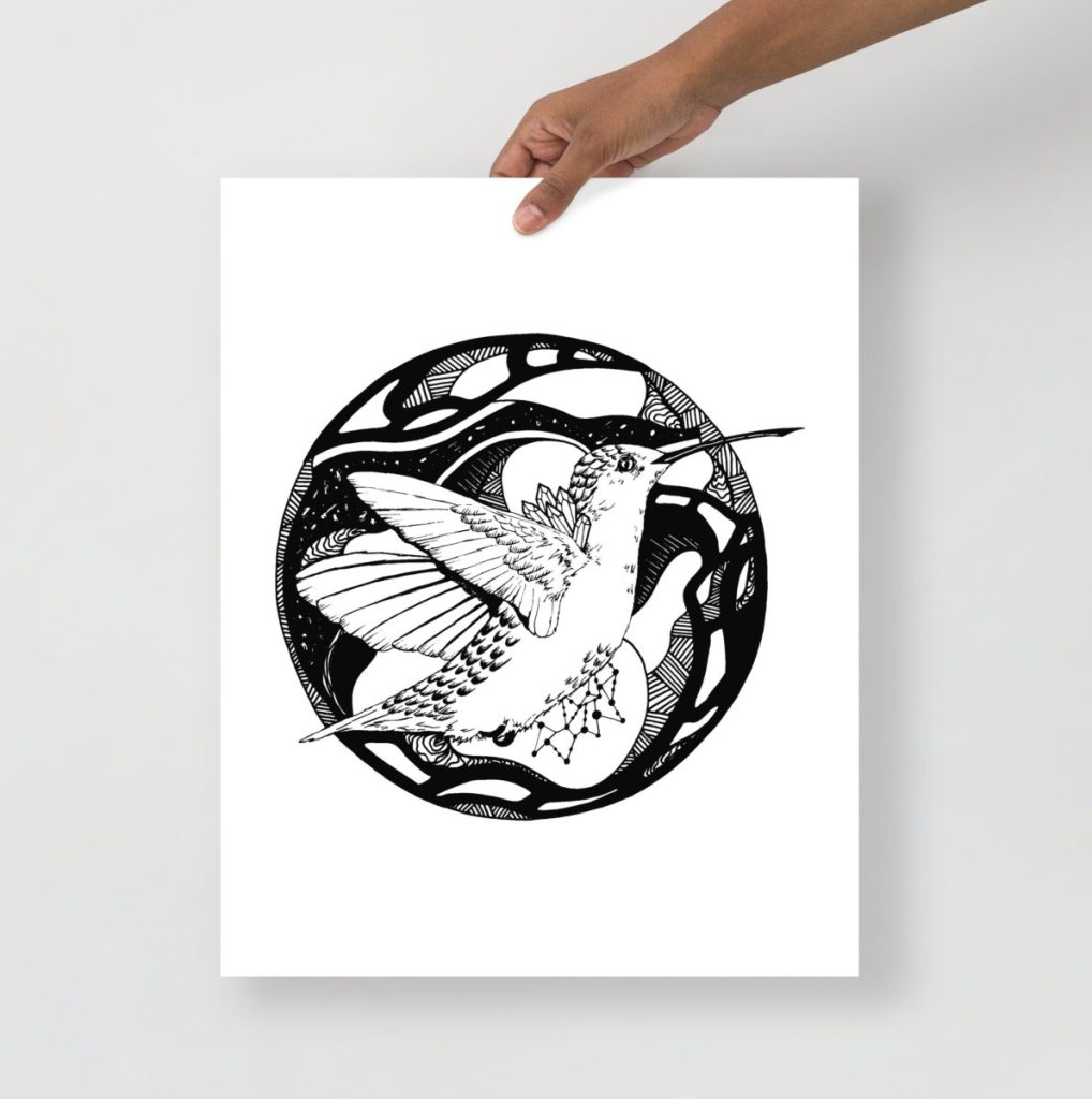 Hummingbird encircled in geometric composition among animal line art art prints