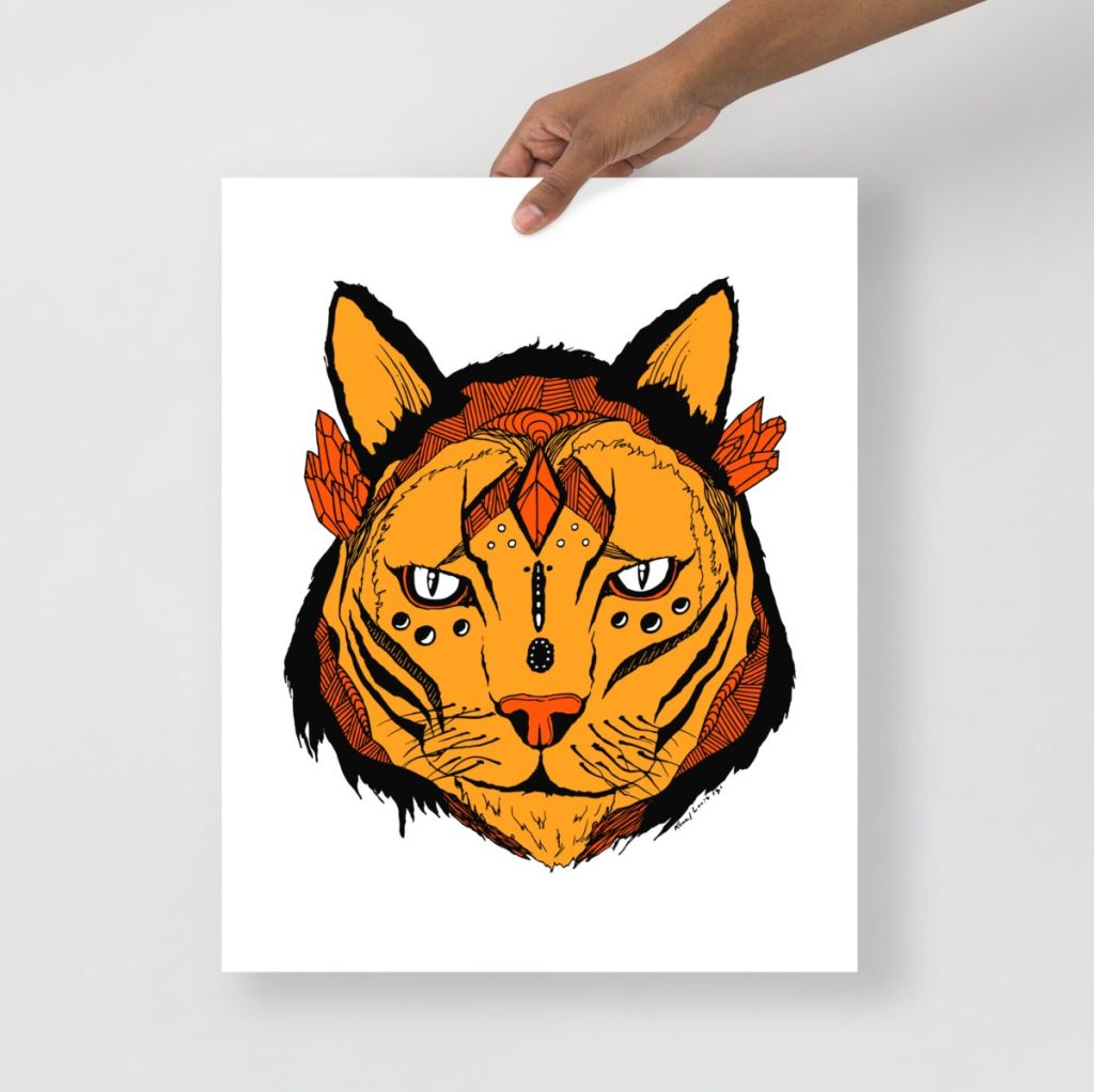 Mystical wildcat fierce expression glowing in warm orange tones wall print