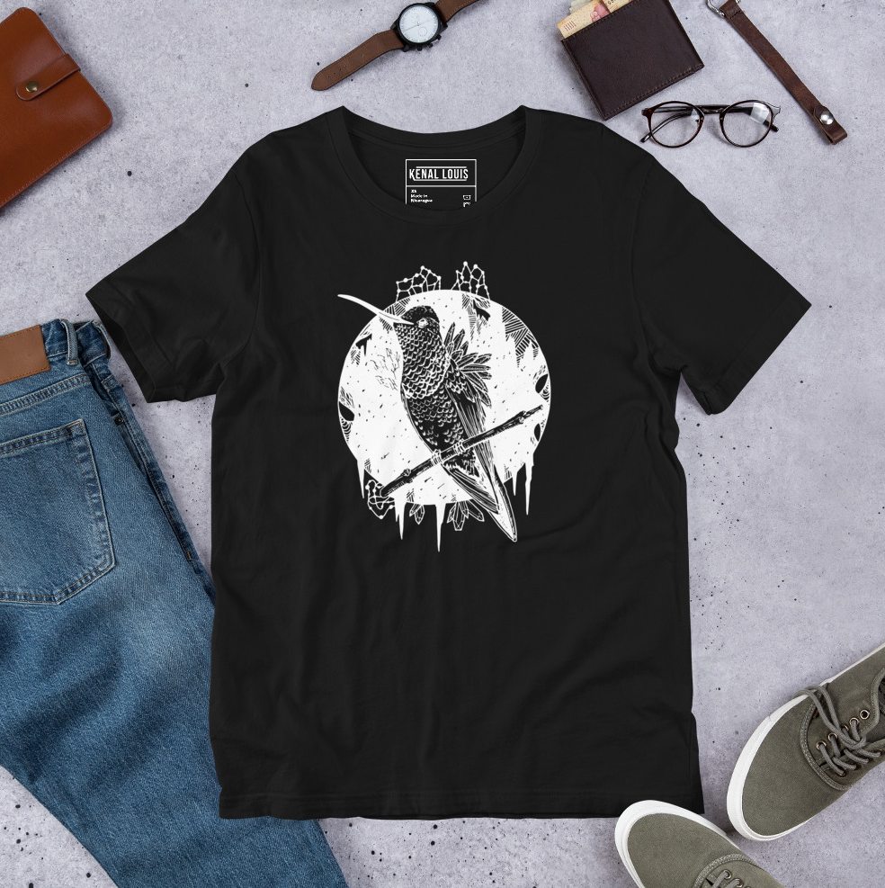 Gazing hummingbird captured in fine white line art on a lightweight cotton tee