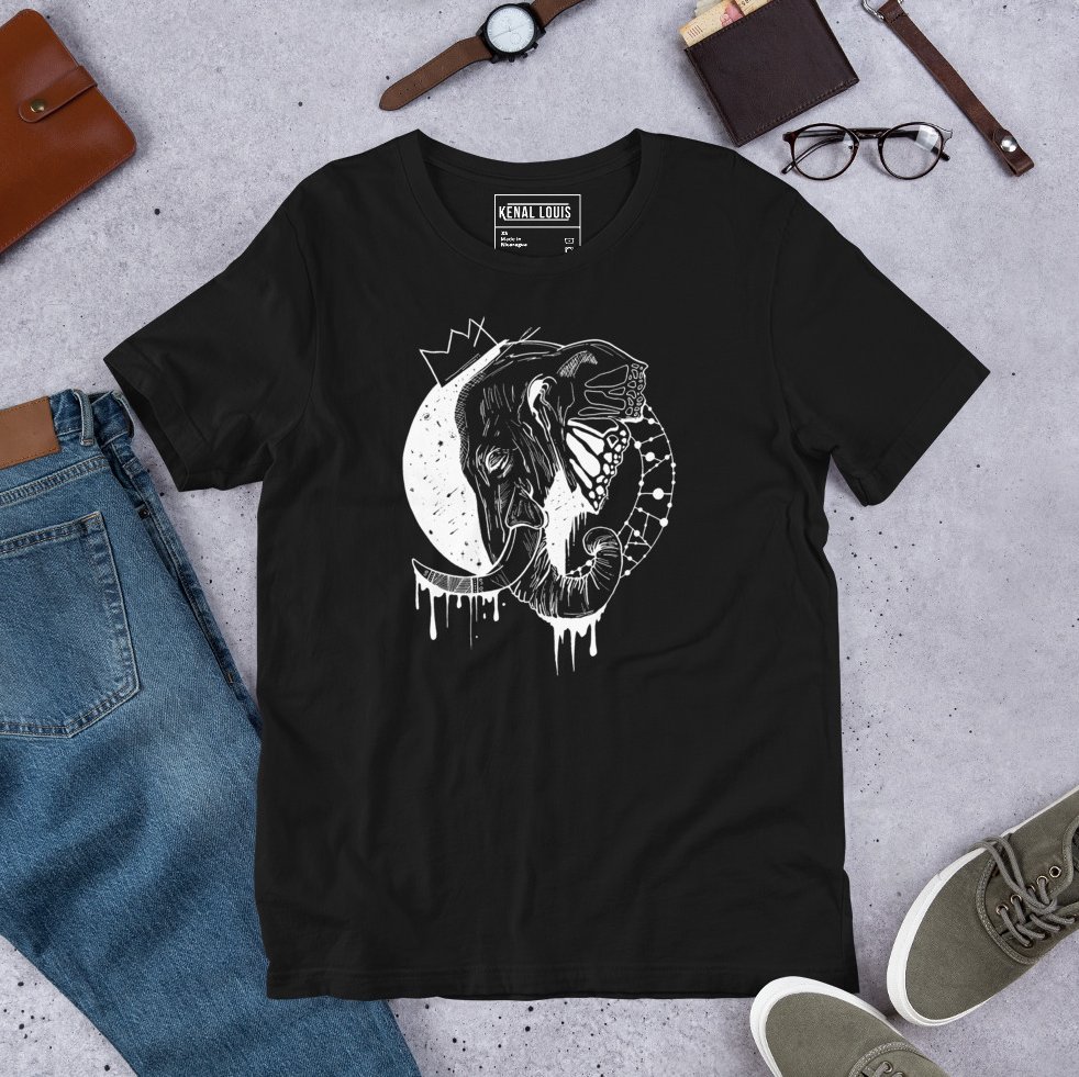 Majestic royal elephant depicted in elegant white line art on soft cotton tee