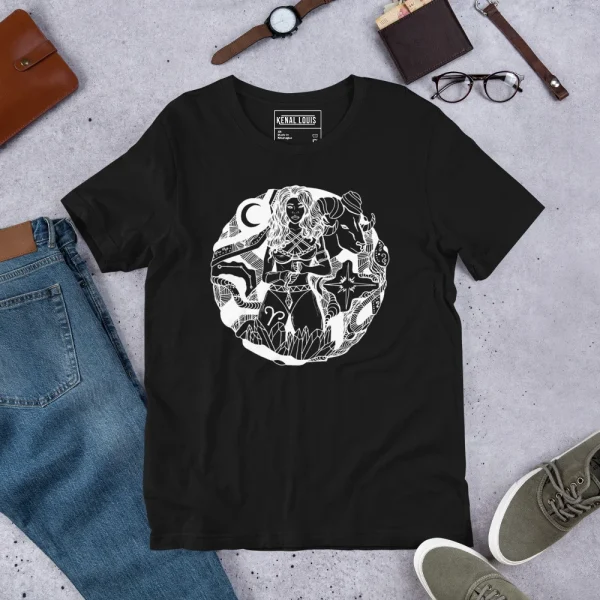 Black aries zodiac t-shirt with white line art graphic design featuring celestial and ram imagery