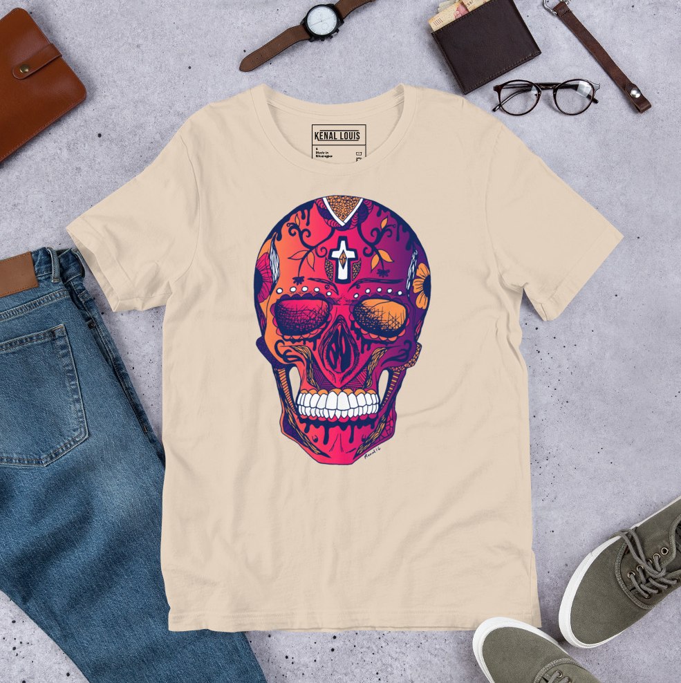 Day of the Dead sugar skull sunset artist designed graphic tee in vibrant colors