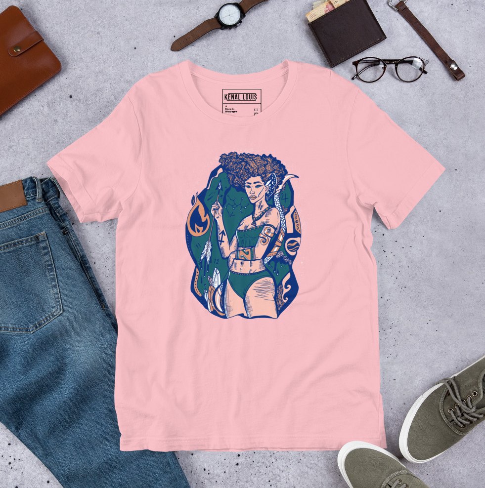Pink zodiac shirt with a stunning Sagittarius goddess design for astrology lovers