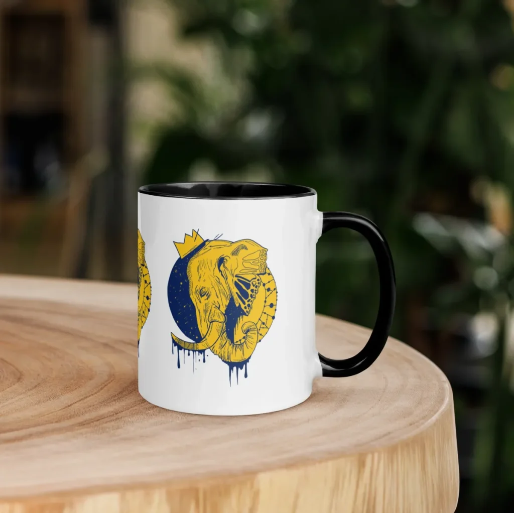 Navy and yellow elephant mug with bold colorful elephant art pattern