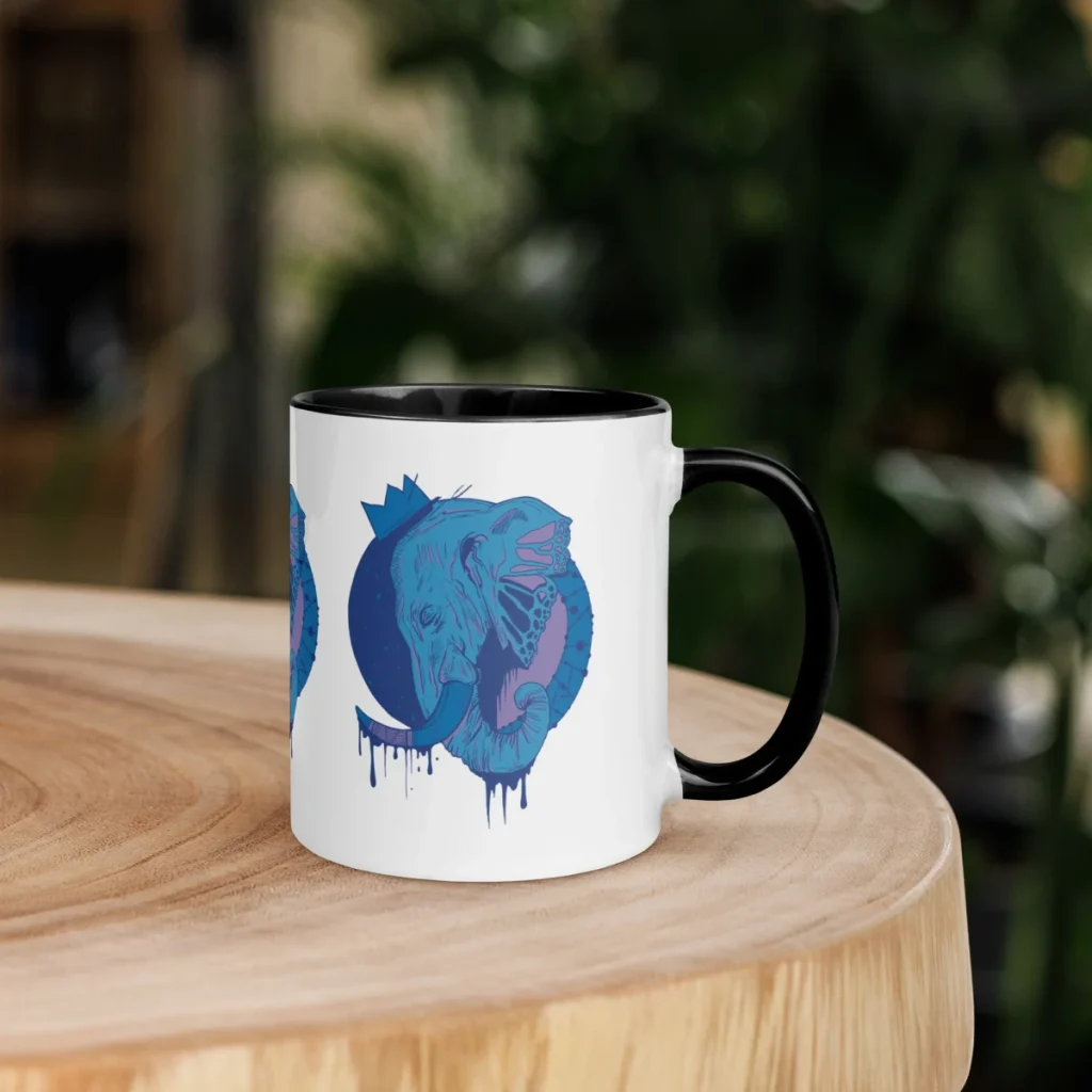Royal blue mountain elephant coffee mug with majestic serene landscape design