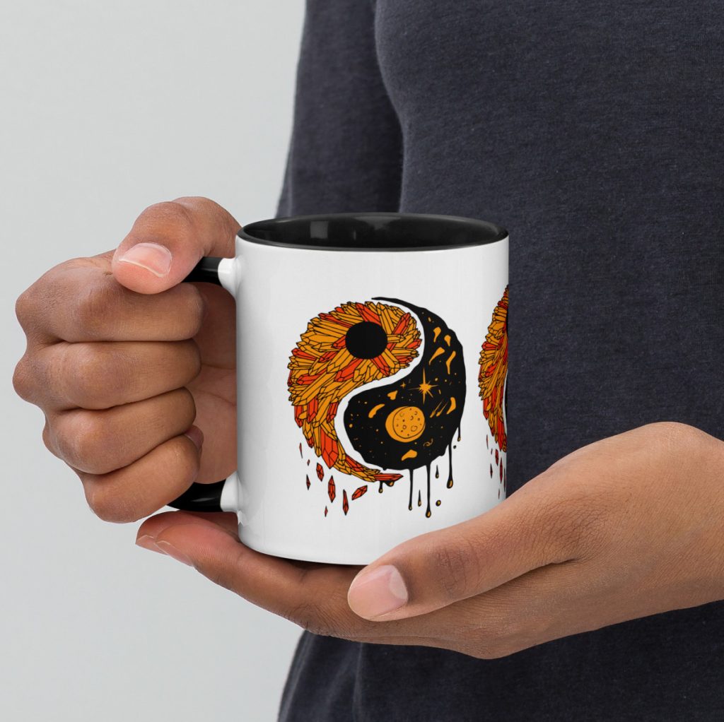 Yin yang balance mug in bold orange and black harmonious circular design