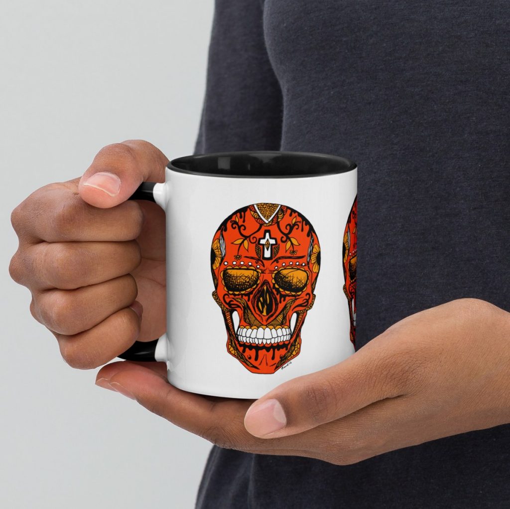 Day of the Dead sugar skull black and orange mug with festive artwork