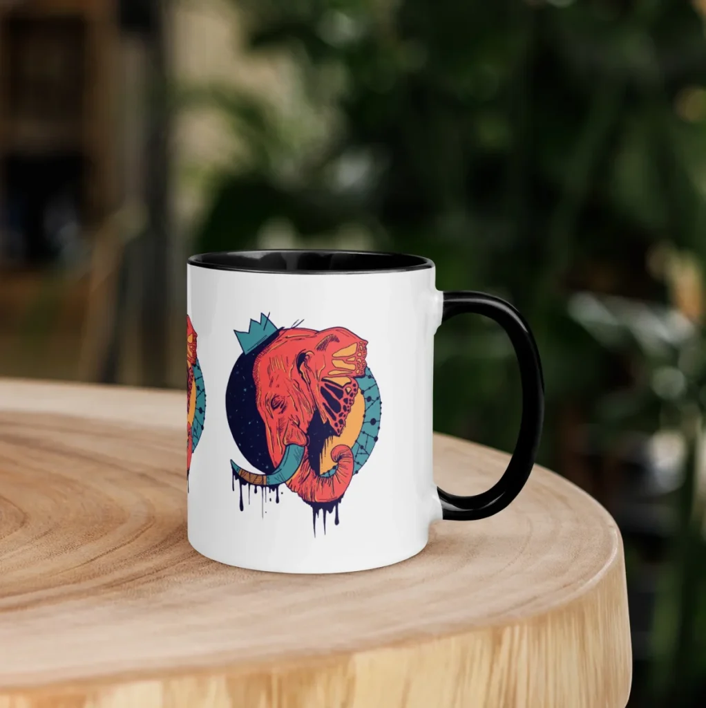 Coral elephant artistic coffee mugs collection featuring vibrant colorful pachyderm design
