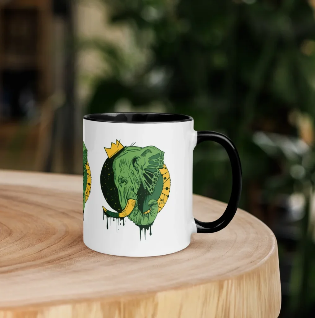 Forest green royal elephant art coffee mugs showcasing regal pachyderm illustration