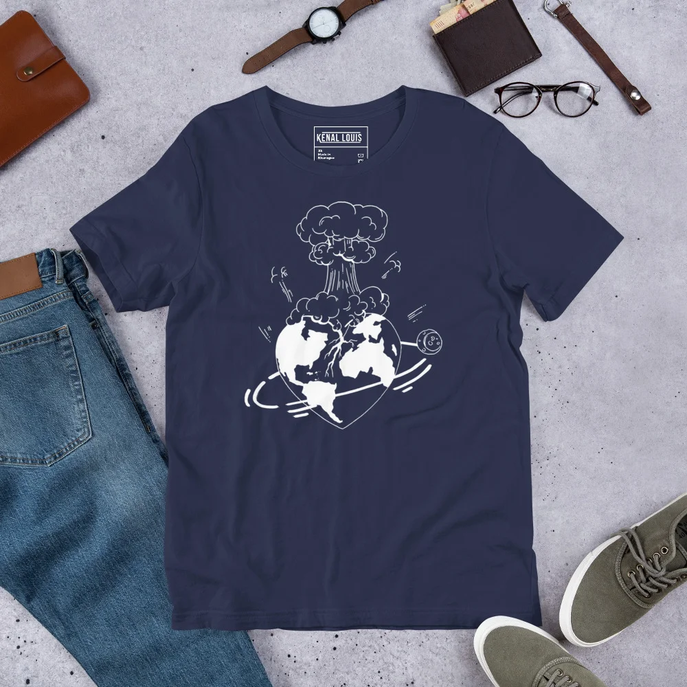 Navy atomic heart t-shirt featuring white line art of Earth with mushroom cloud and orbital design