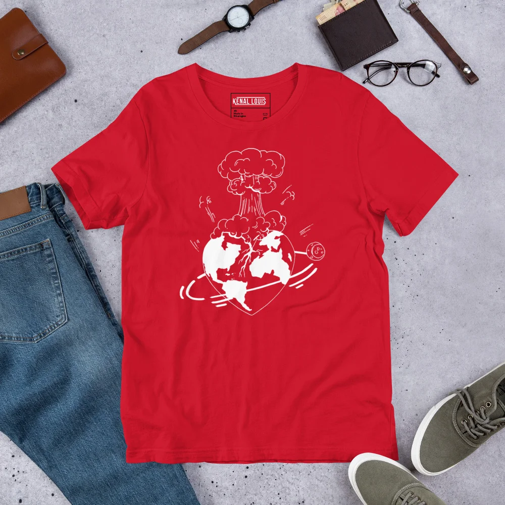 Red atomic heart t-shirt with white line art graphic of Earth and mushroom cloud design displayed flat lay with accessories