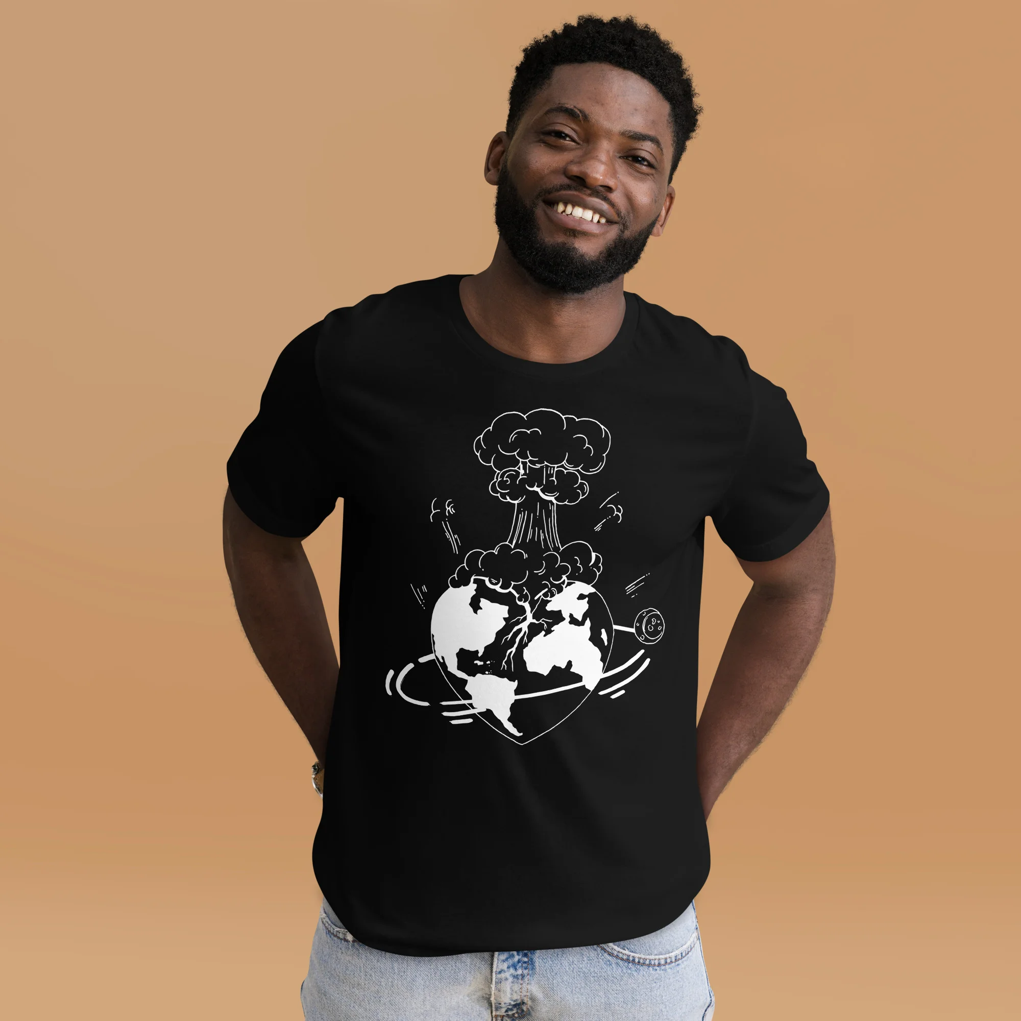 Man wearing black atomic heart t-shirt with white line art design featuring Earth and mushroom cloud