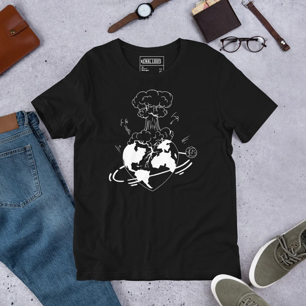 Black atomic heart t-shirt with white line art design featuring Earth and mushroom cloud graphic