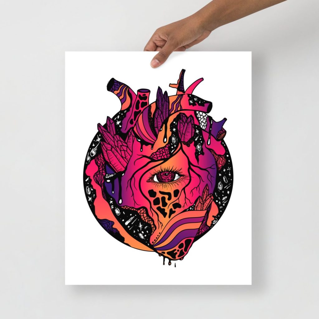 Sunset-toned cosmic anatomical heart drawing perfect for back to school dorm decor