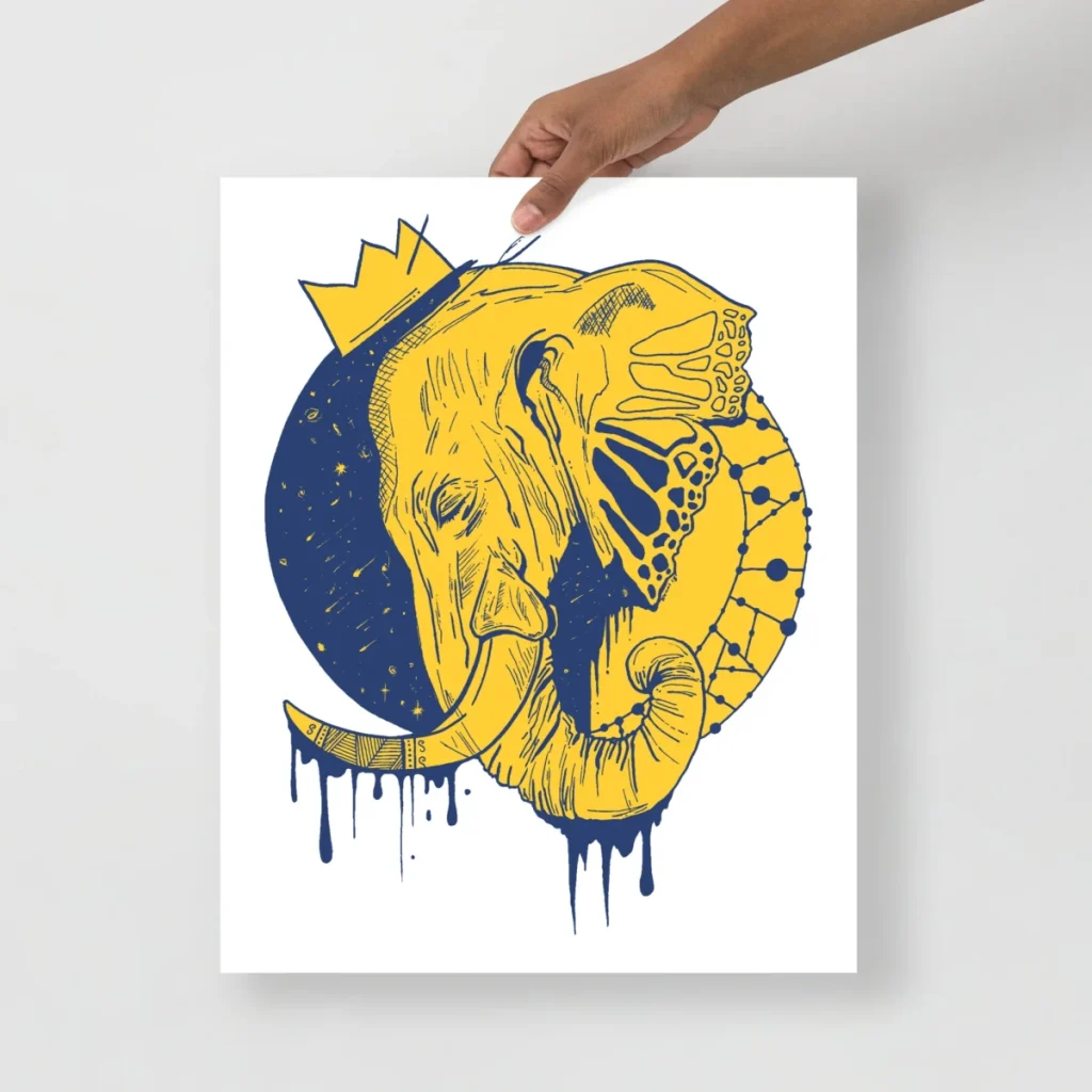 Navy and yellow royal elephant illustration adding regal flair to back to school dorms