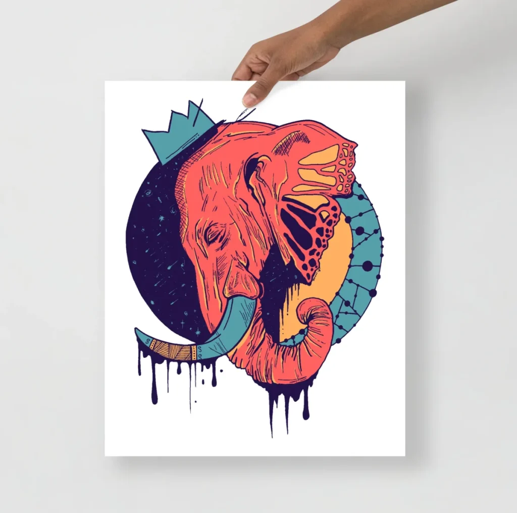 Coral elephant wearing a royal crown illustrated by Kenal Louis for dorm spaces