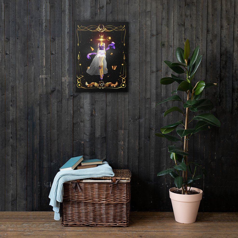 Stylish fashion illustration canvas art depicting a glamorous goddess in flowing design