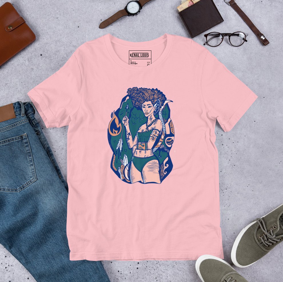 Soft pink Sagittarius goddess graphic tee celebrating zodiac birthday style