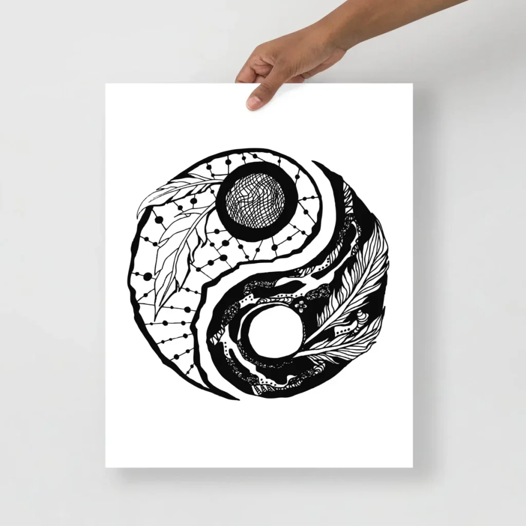 Balanced feather yin yang symbol wall art blending nature and harmony in monochrome