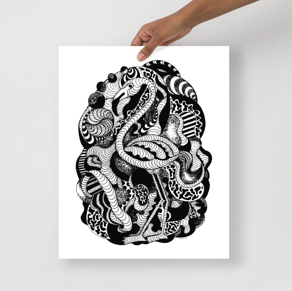 Graceful flamingo depicted in delicate black and white pen line art