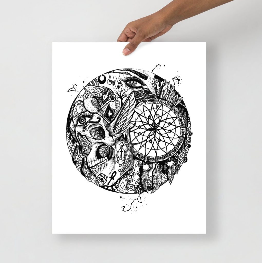 Skull entwined with dreamcatcher in striking pen ink art print