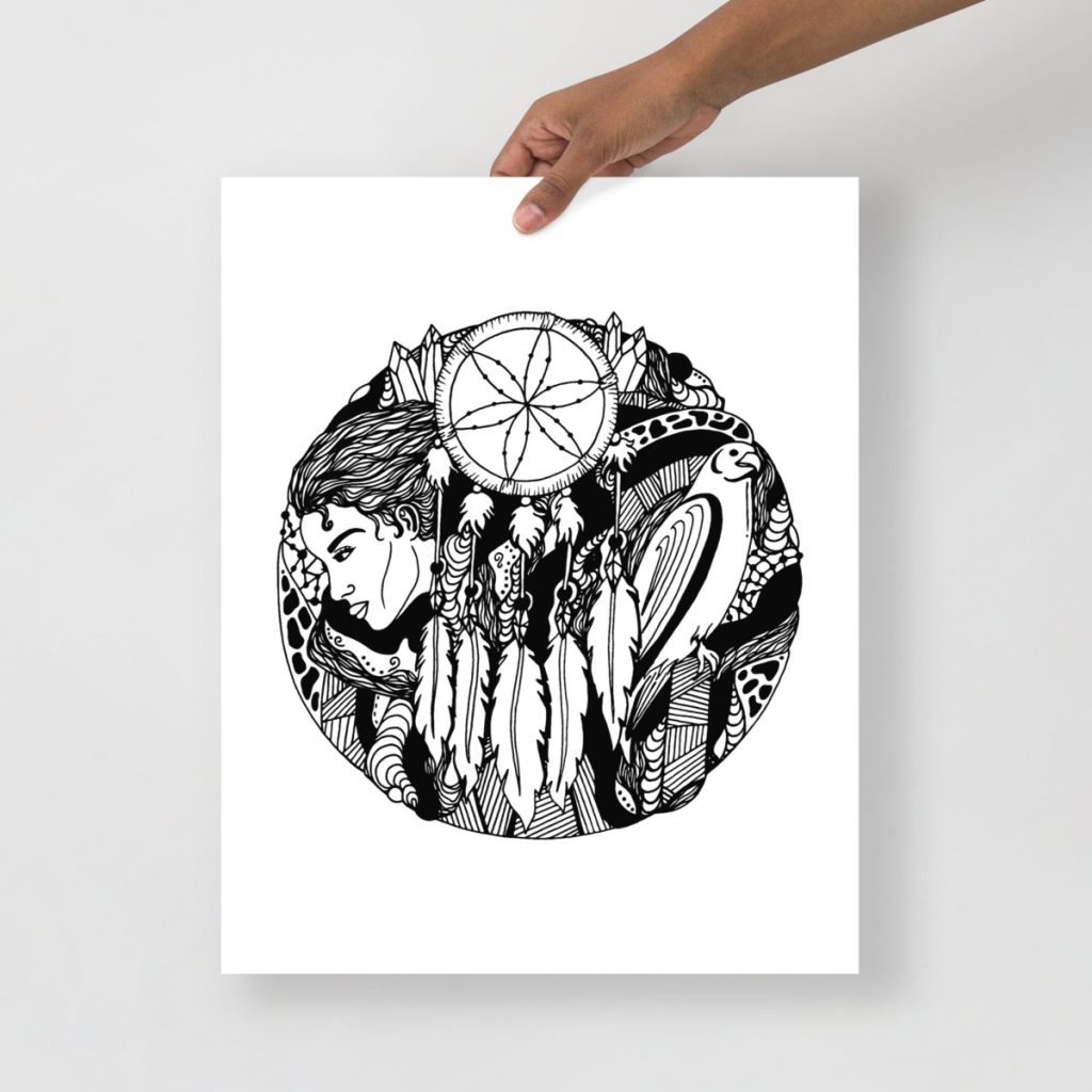Black and white pen art dreamcatcher featuring a soaring falcon in intricate detail