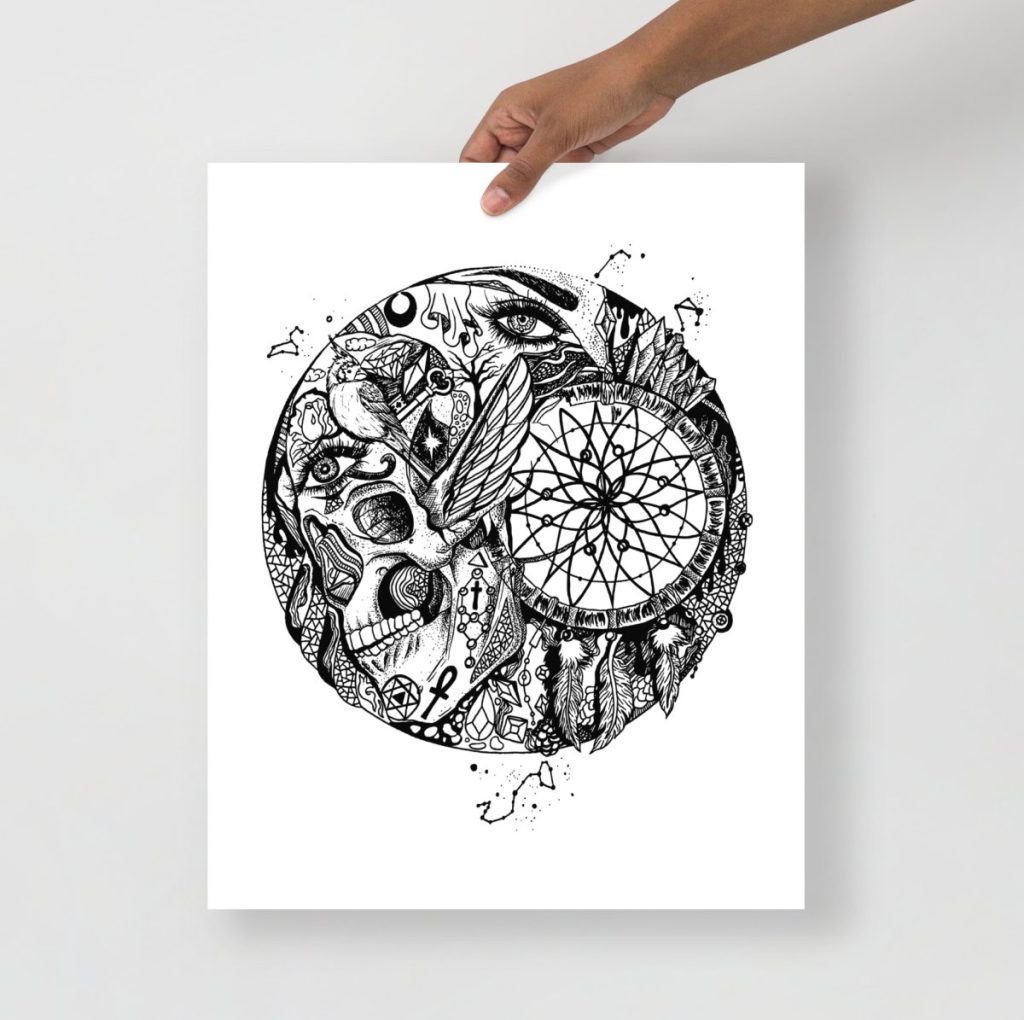 Detailed skull entwined with dreamcatcher in bold pen and ink artwork