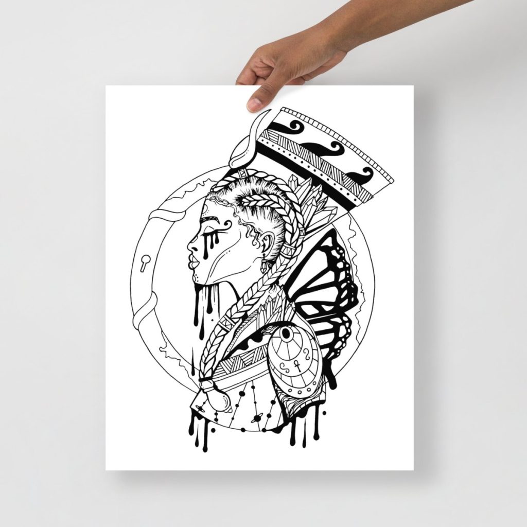 Elegant Egyptian queen with goddess braids rendered in minimalist black line drawing
