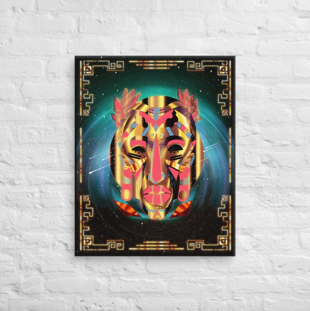 Retro gold African mask canvas wall art blending heritage and bold Afrofuturism expression