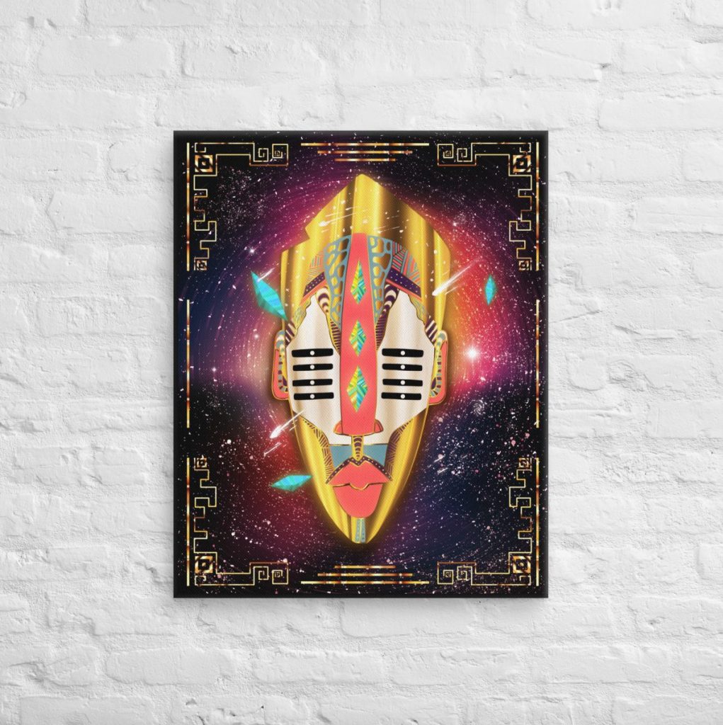 Retro gold African mask canvas celebrating black beauty art with bold Afrofuturism design No 21