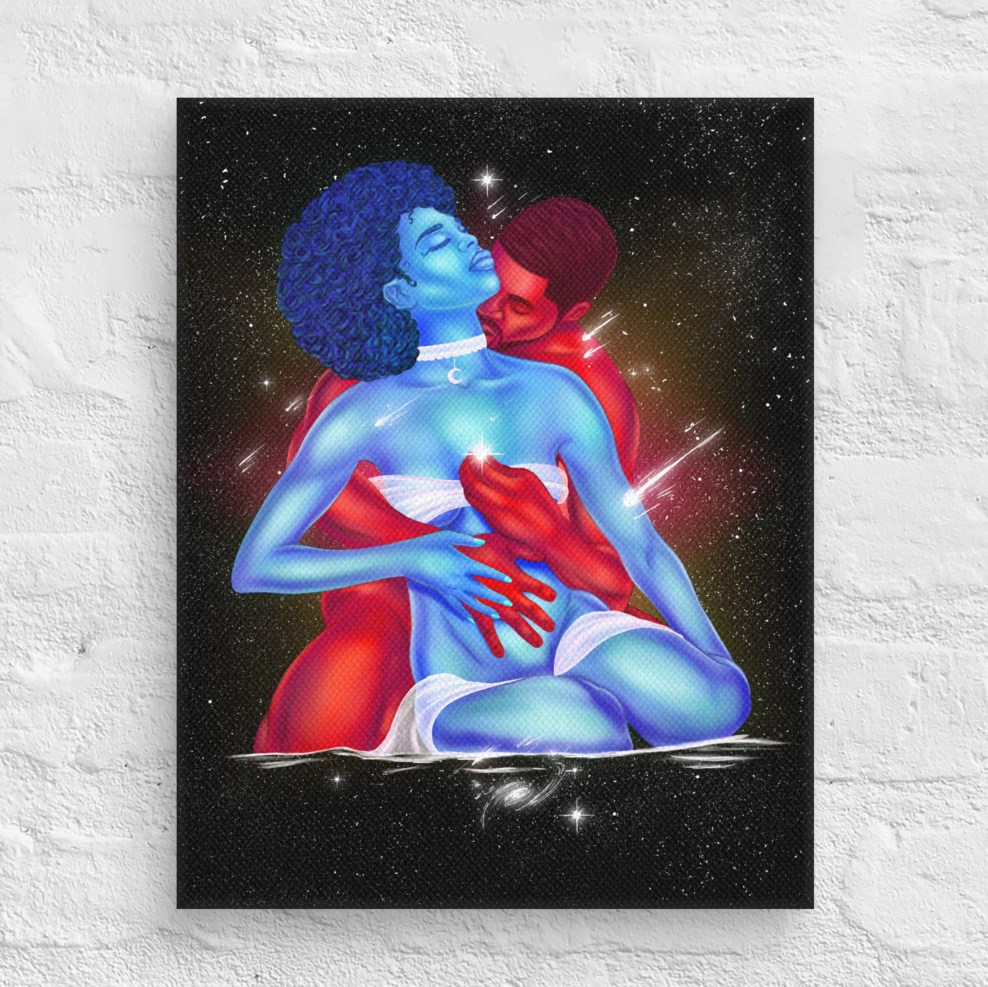 Black couples art canvas print showing two lovers embracing beneath a swirling cosmic starfield