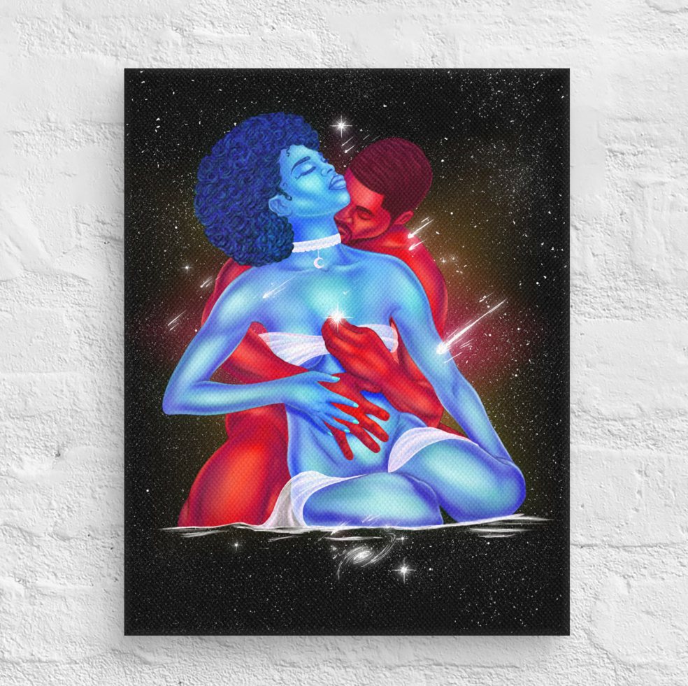 Black couples art canvas showing two lovers embracing against a vivid cosmic nebula background