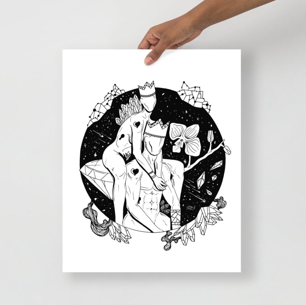 Romantic black couple sharing a serene space embrace perfect for bedroom wall decor