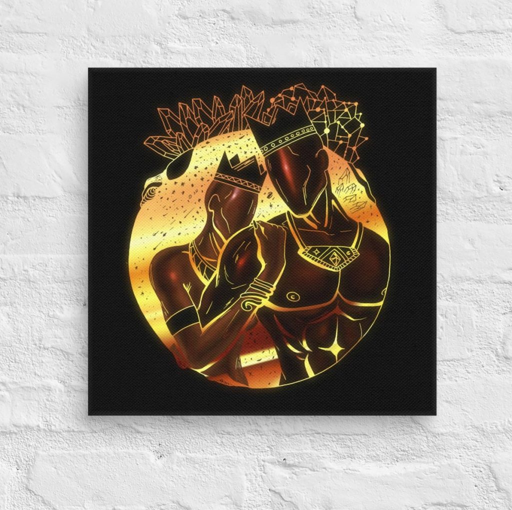 Regal king and queen black couple portrait set against a dramatic starry night canvas