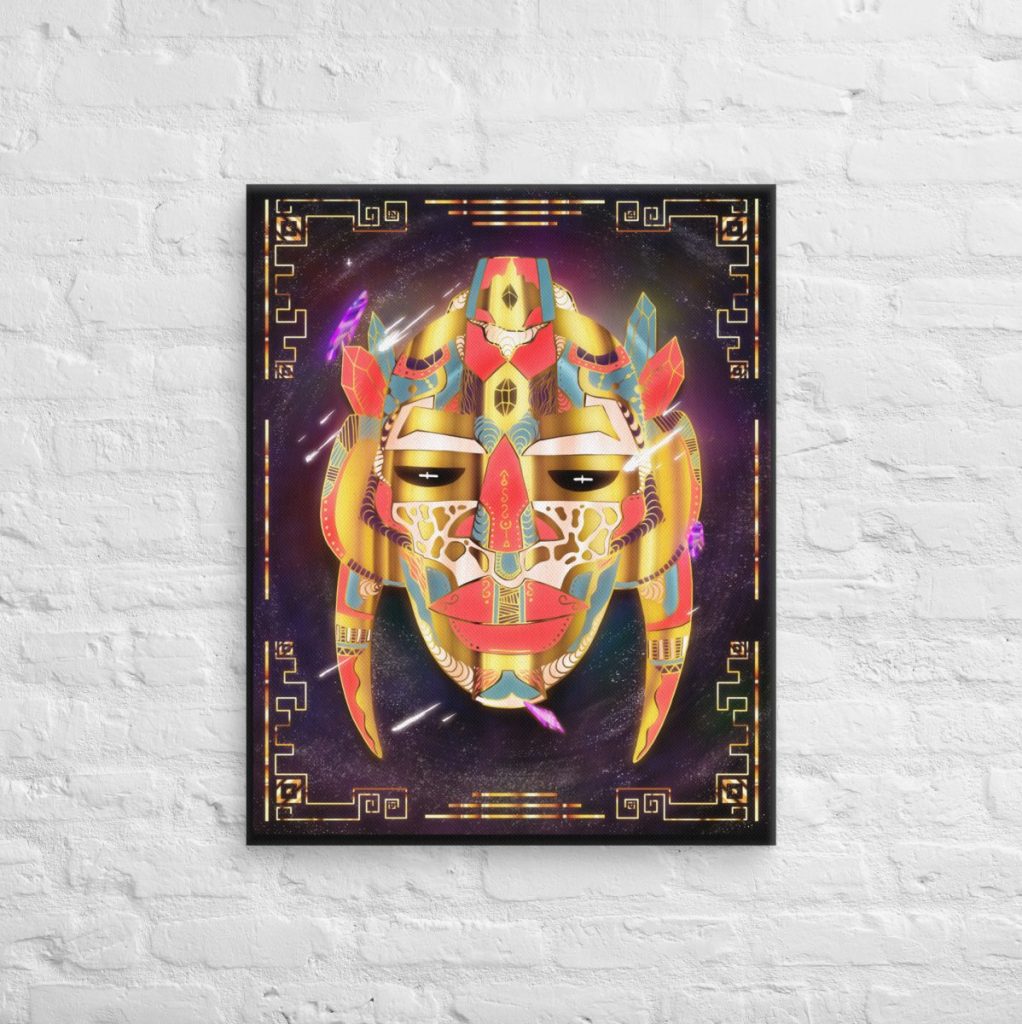 Gold Afrofuturism African mask canvas art No 38 with rich ornamental cultural patterns