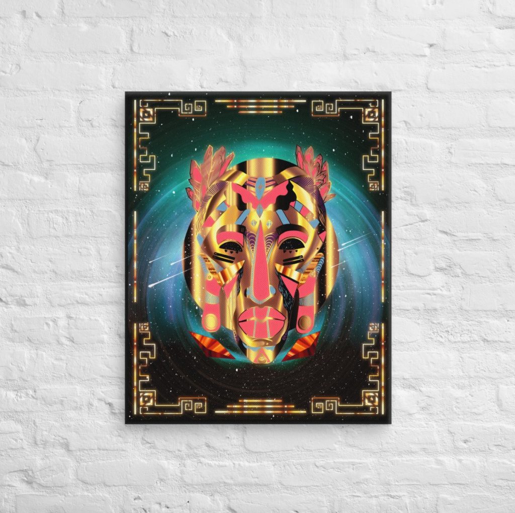 Retro gold African mask wall canvas blending black history art with futuristic Afrocentric aesthetics