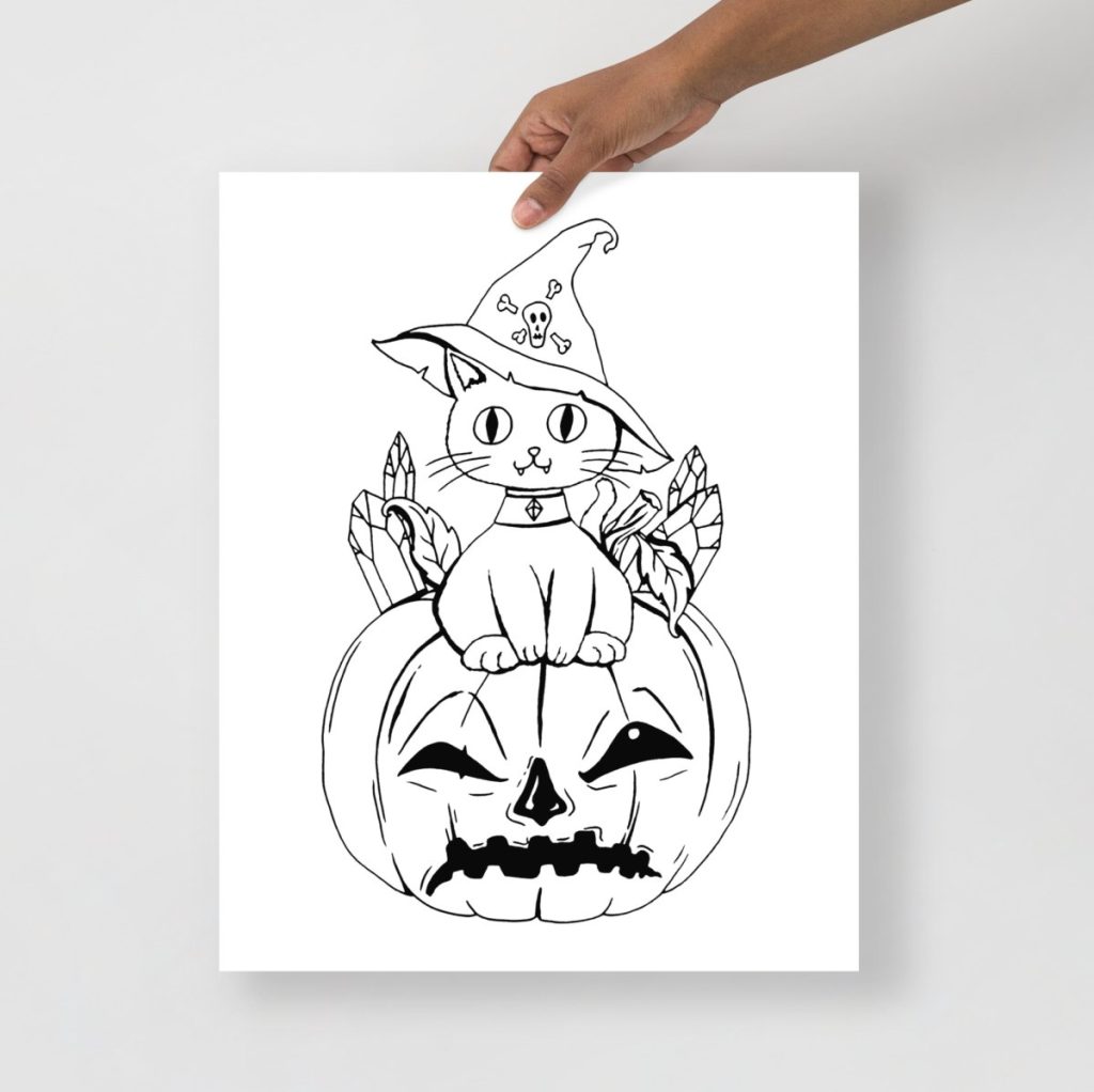 Playful cat perched atop a pumpkin in simple minimal ink line style