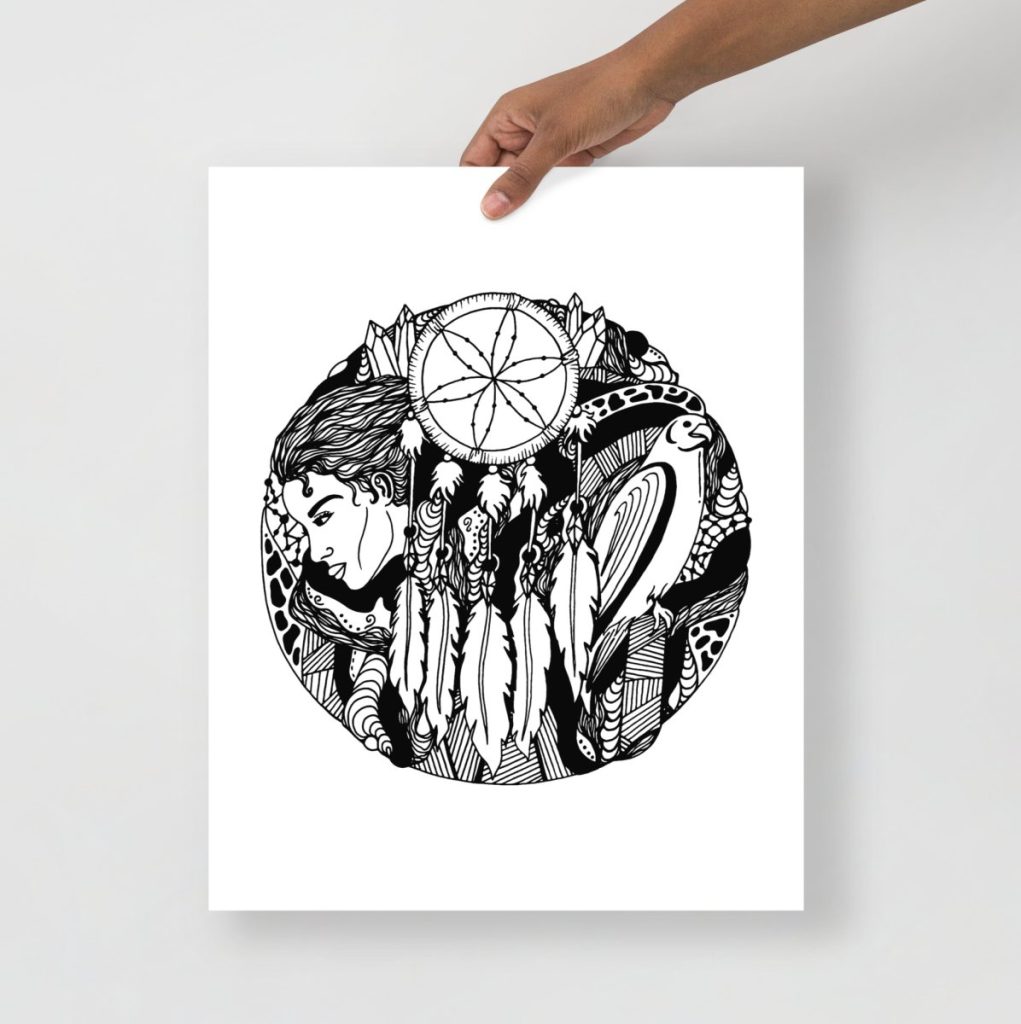 black ink art featuring Dreamcatcher Art “Dream Falcon” Dreamcatcher drawing, an original hand-drawn design