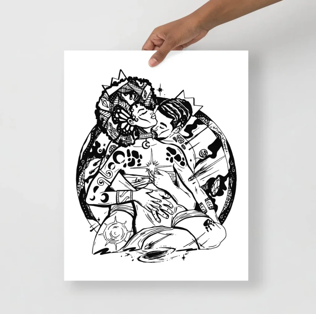 Black love art prints featuring a couple surrounded by swirling cosmic universe birth imagery