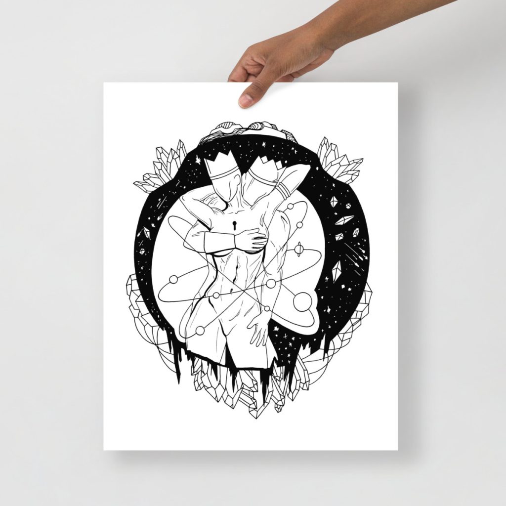 Divine figures tenderly embracing in when gods embrace black love art print style