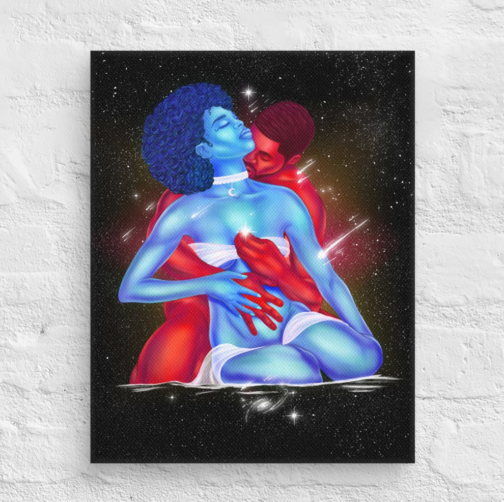Couple locked in cosmic embrace on an 11x14 black love canvas art print