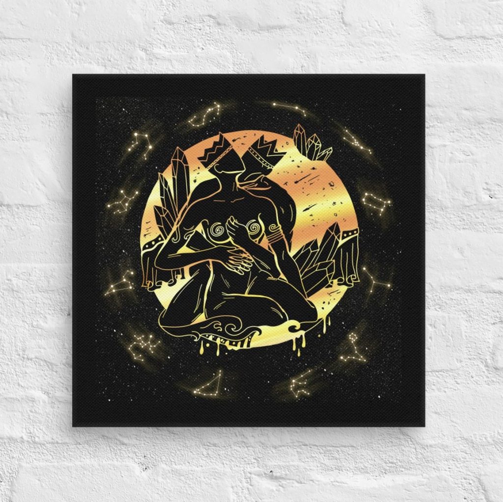 Romantic lovers entwined in black and gold canvas wall art measuring 14x14 inches