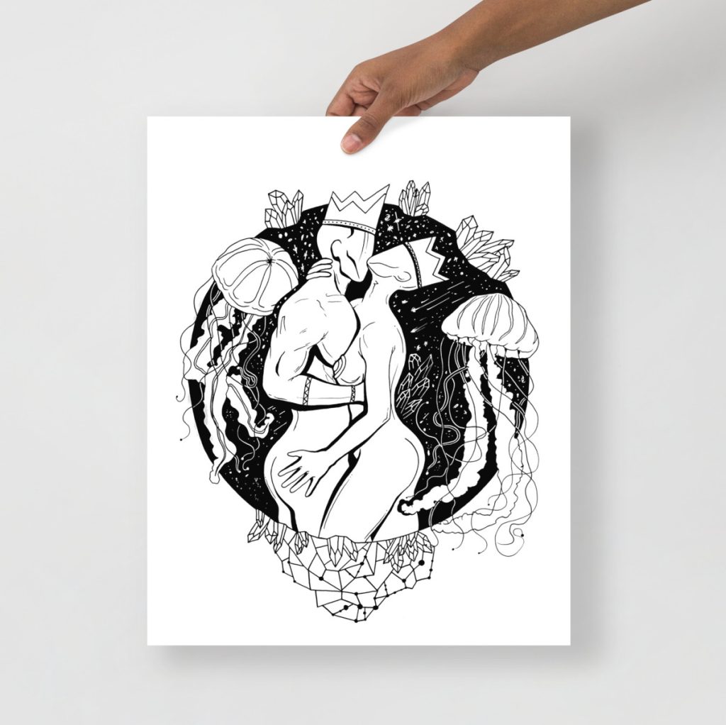 Galactic ink wash romantic bedroom wall art celebrating black love through celestial imagery