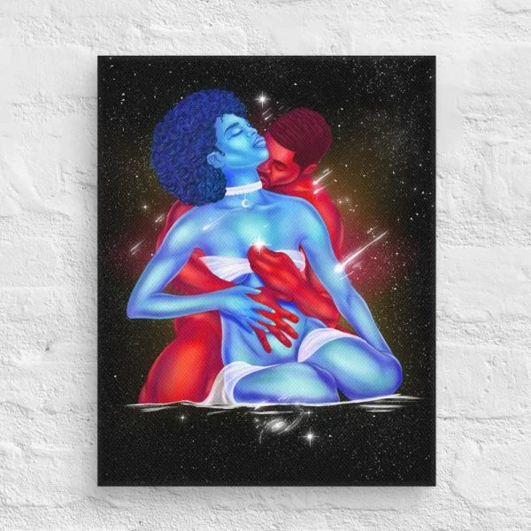Blue-skinned couple in cosmic embrace on black love canvas art with starry background and glowing effects