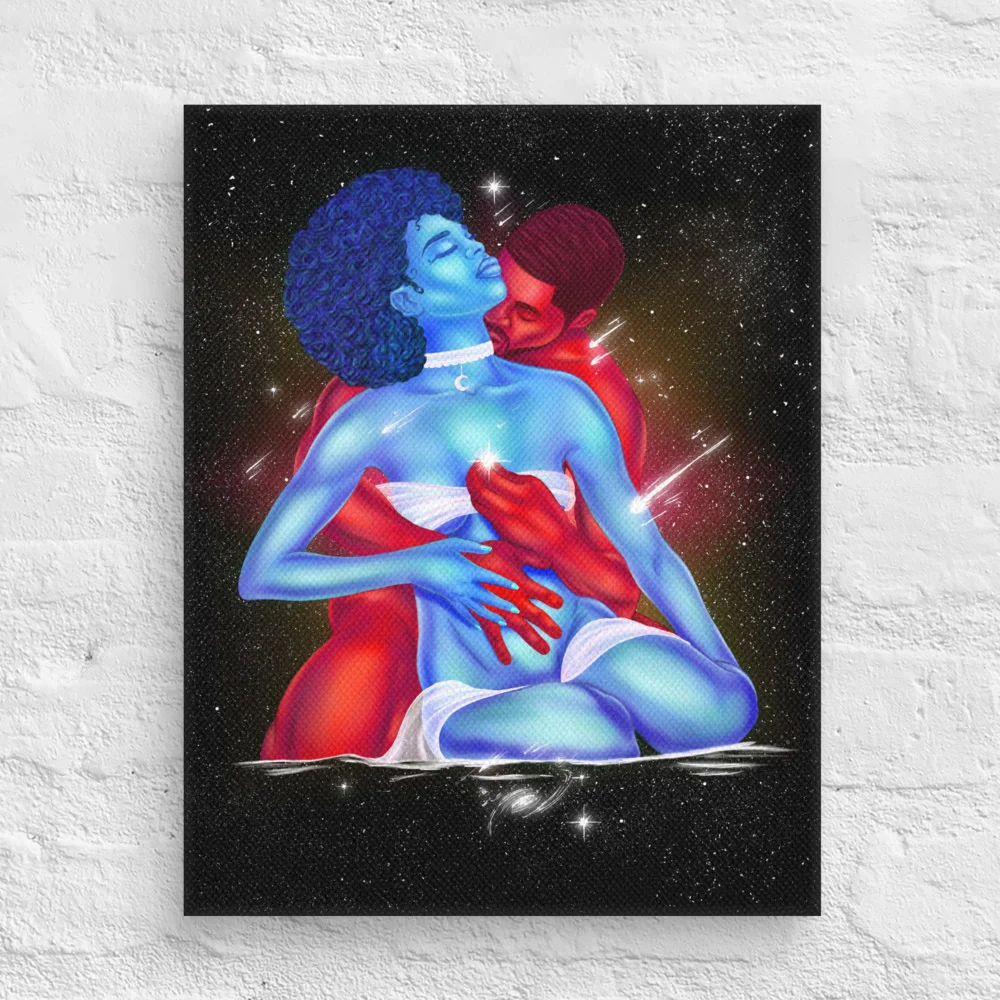 Black Love Canvas Art: Cosmic Embrace Couple Print |11″×14"