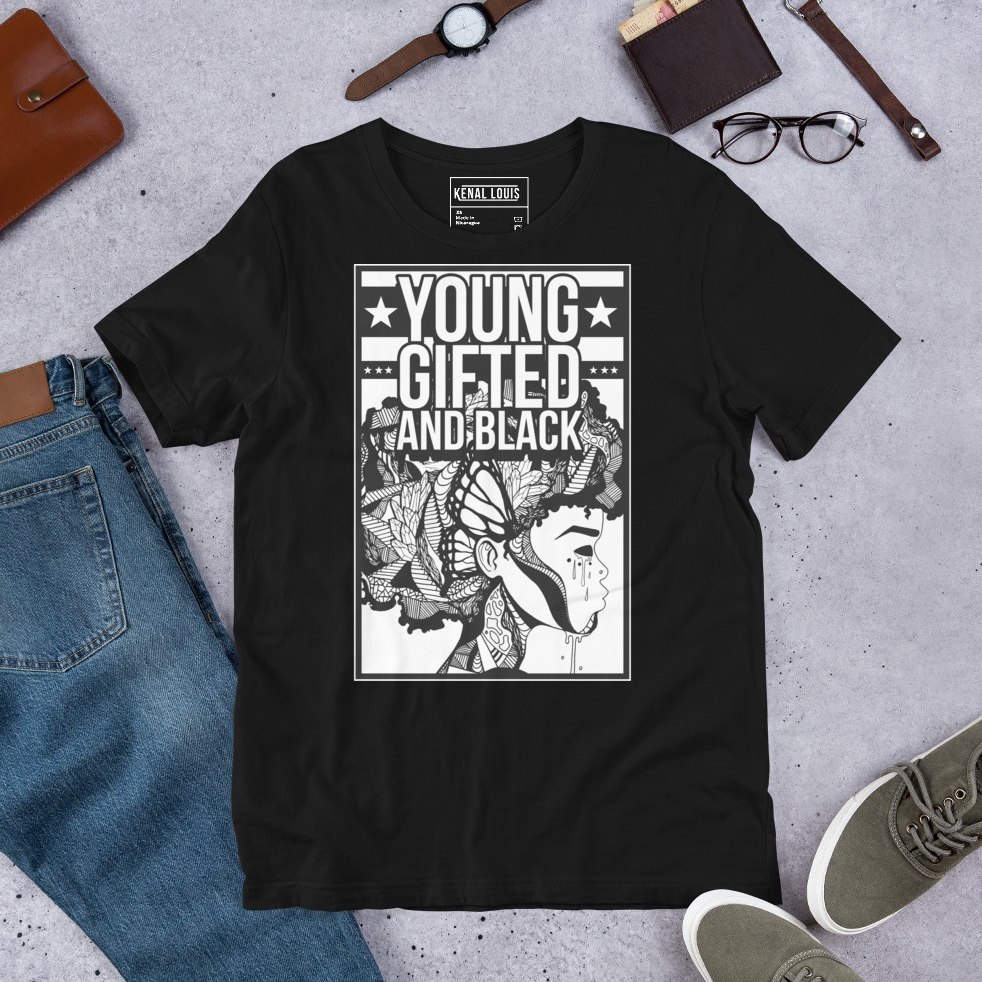 Young Gifted and Black afro art tee celebrating black owned apparel culture and heritage