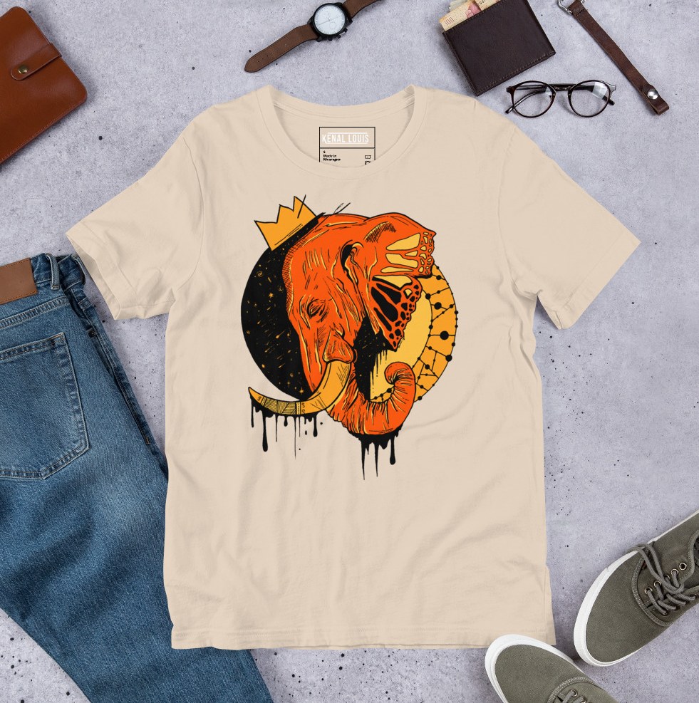Majestic royal elephant artwork printed on black and orange cotton tee
