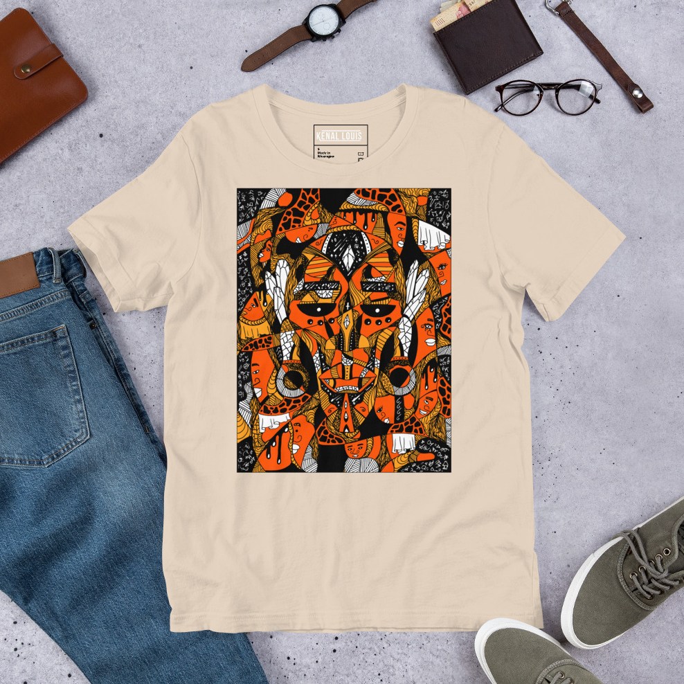 Bold African mask design on black and orange Afrocentric graphic tee shirt