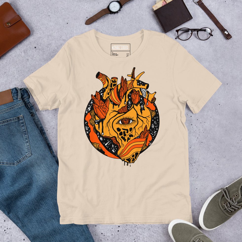 Cosmic heart graphic black and orange cotton tee with celestial art