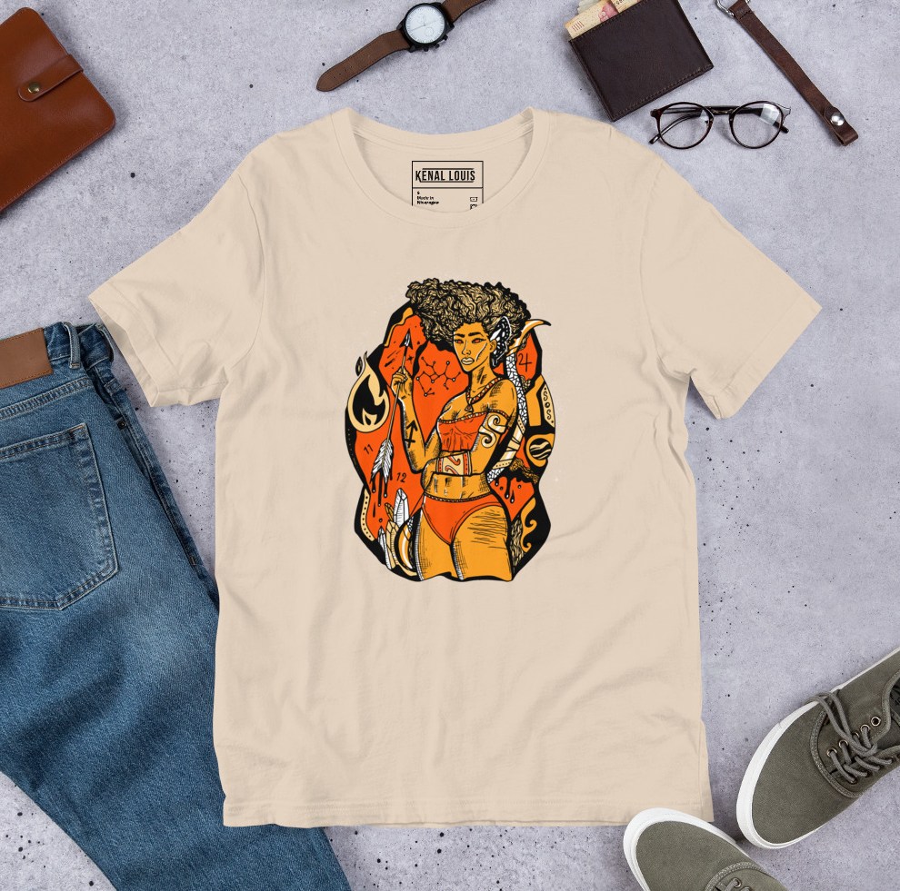 Sagittarius goddess zodiac art tee in striking black and orange colorway